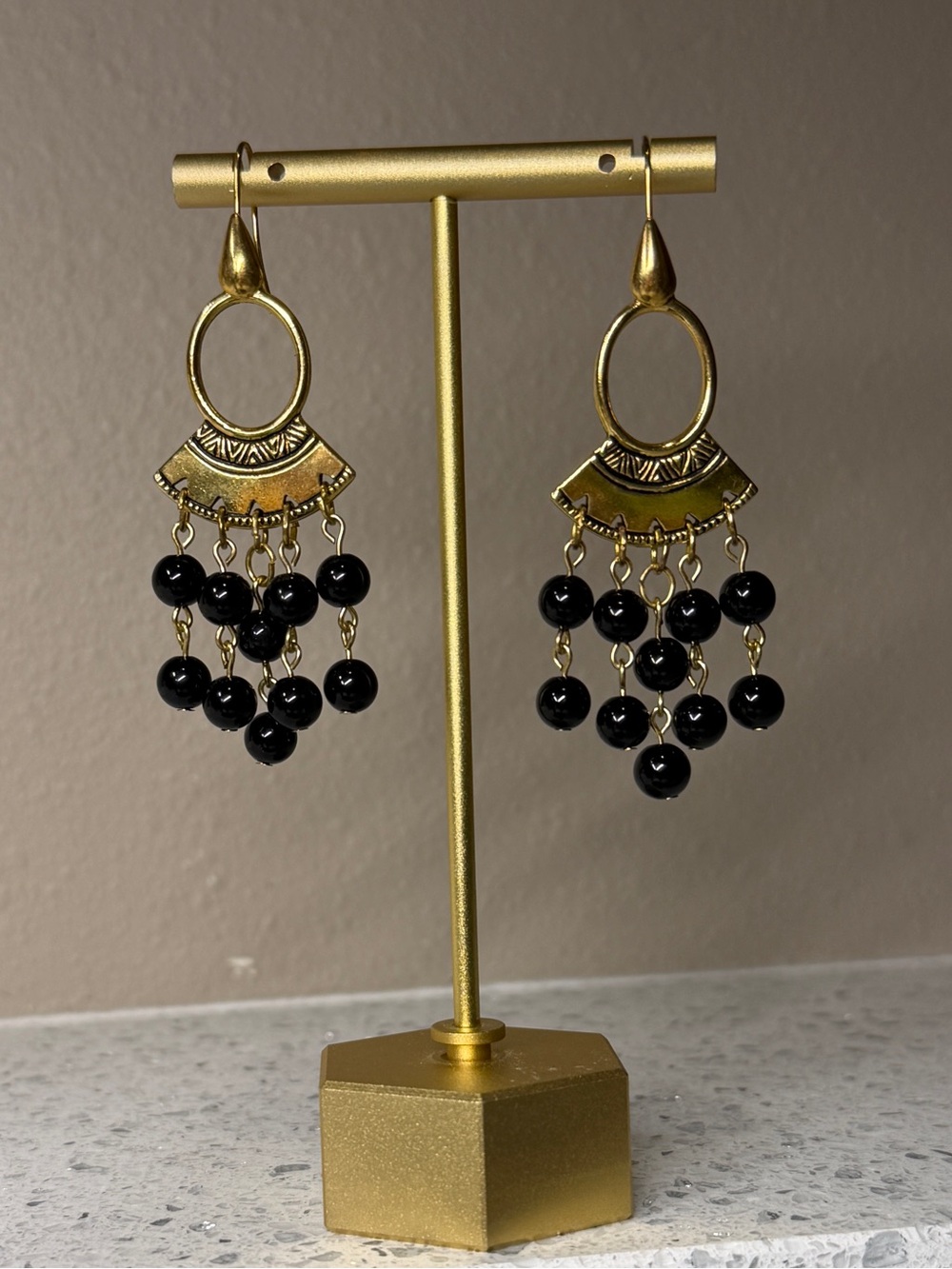Hand Crafted Gold and Black Beaded Dangle Earrings - Picture 3 of 6